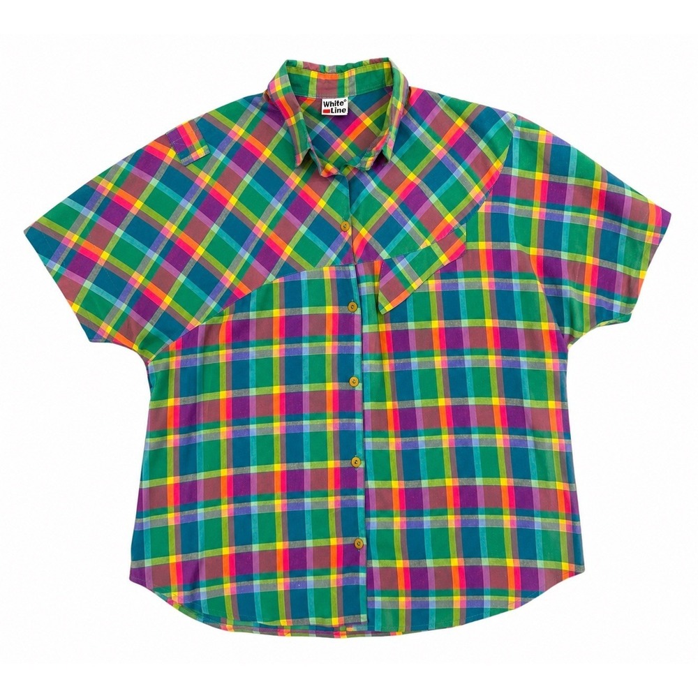 Vintage 80s Rainbow Plaid Button‎ Down Camp Shirt Retro Dopamine Quirky Top
